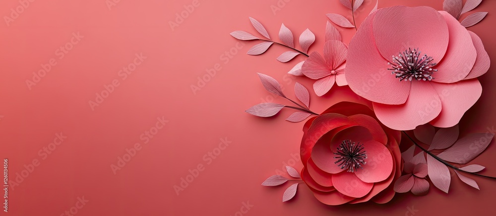 Aufkleber elegant coral background featuring large three-dimensional paper flowers in pink and deep rose hues,