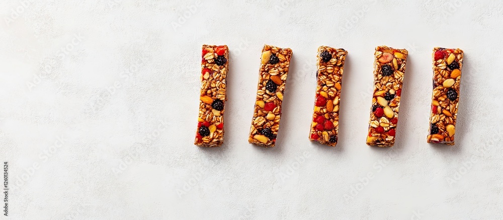 Poster cereal granola bars arranged in a line on a light gray stone surface with nuts and berries showcasin
