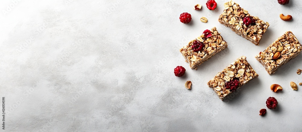 Poster granola bars on a white stone table with scattered nuts and berries in top view showcasing healthy d