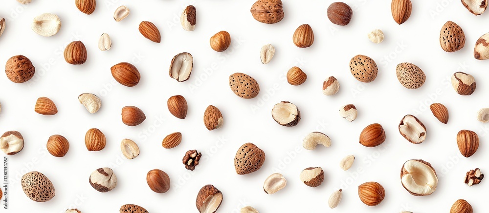 Poster assorted nuts including walnut, cashew, almond, and hazelnut scattered on a clean white background i
