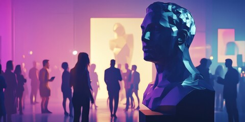Geometric bust at modern art gallery with a large crowd