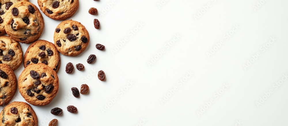 Poster freshly baked raisin cookies beautifully arranged on a light white background with ample empty space