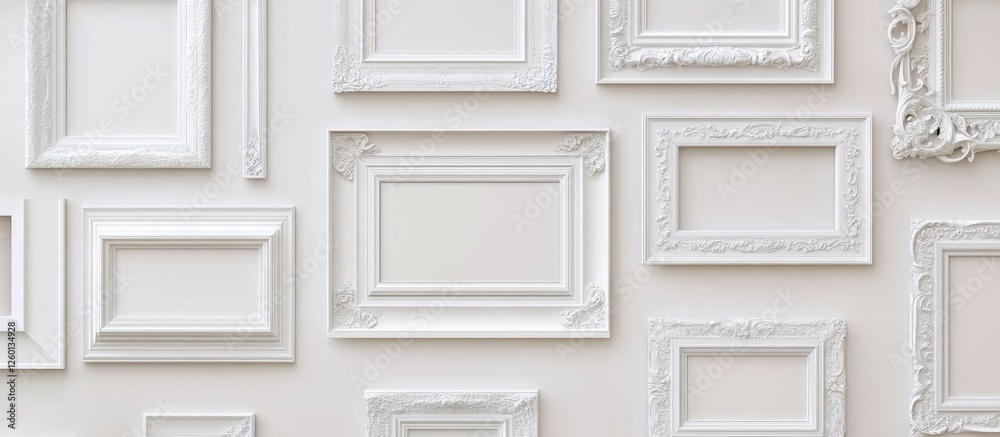 Leinwandbilder white ornate picture frames arranged on a minimalist white wall in a symmetrical pattern showcasing 