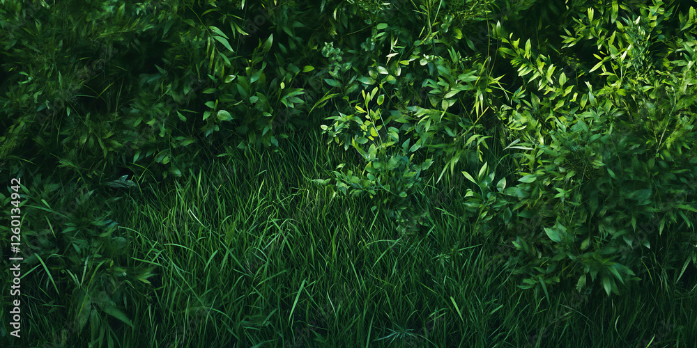Poster Textured green wall of forest grass and foliage with subtle shadows and patterns