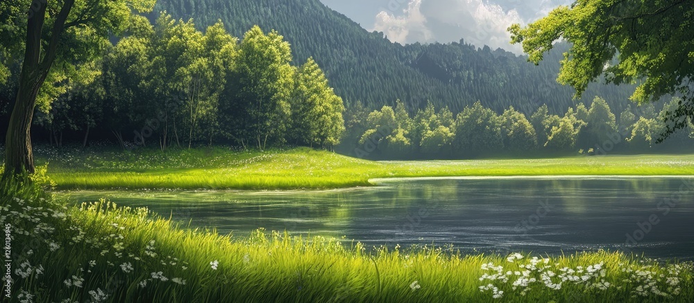 Poster lush green grass and vibrant trees by a tranquil lake under a bright sky with clouds, creating a ser