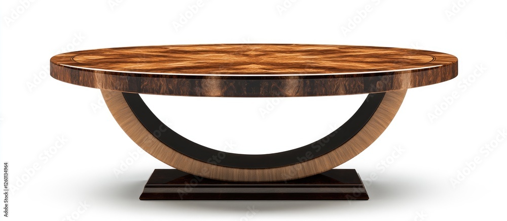 Poster art deco coffee table featuring an intricate circular wood design in warm tones displayed centrally 