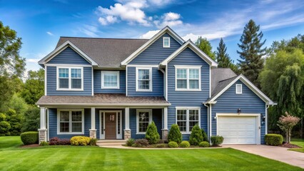 House with two story blue gray exterior walls made of wood and vinyl siding standing alone on a green lawn with trees nearby, suburban home, blue house