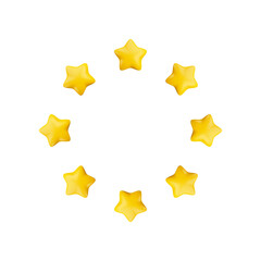 Vector 3d eight gold sparkling stars round composition isolated on white background. Cute realistic cartoon 3d starry wreath, 8 yellow shining stars in circle.