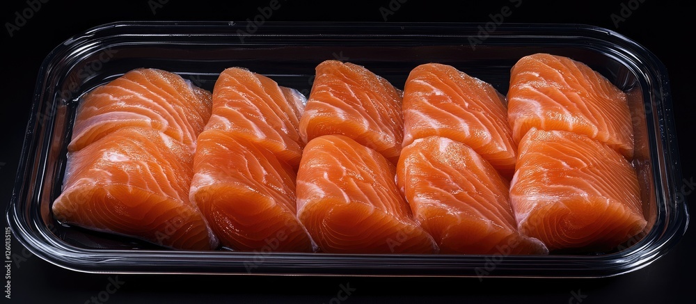 Poster vibrant orange raw salmon slices arranged neatly in a black tray against a dark background highlight