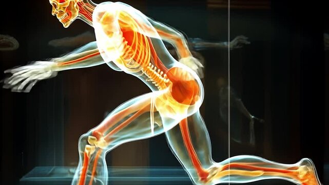 Dynamic Anatomy:  This image unveils the inner workings of the human body in motion, highlighting the skeletal and muscular systems of a runner in a burst of dynamic energy.