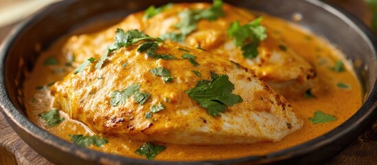 Delicious fish fillets in a creamy orange sauce garnished with fresh green herbs, served in a dark round dish, a delightful culinary presentation.