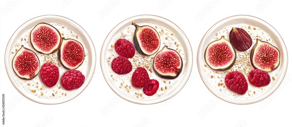 Poster healthy breakfast bowls featuring oatmeal topped with vibrant raspberries and fresh figs arranged in
