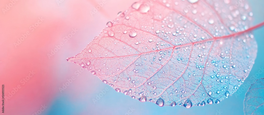 Aufkleber delicate translucent leaf adorned with dewdrops against a soft pink and blue blurred background show