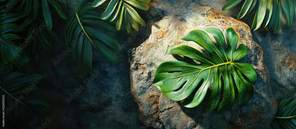 Poster vibrant green tropical leaves atop a textured rock with additional foliage in the background creatin