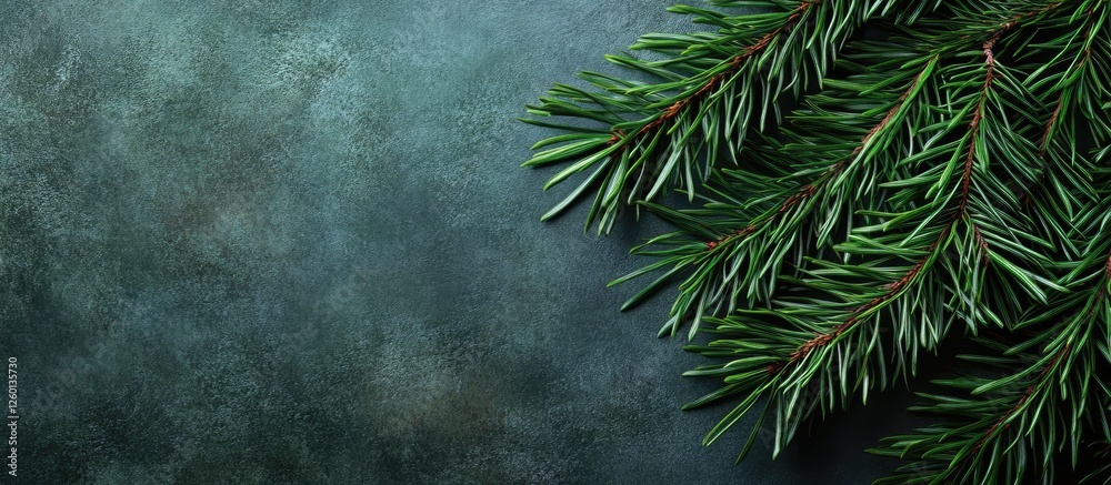 Aufkleber Vibrant green pine leaves positioned in the top left corner against a textured dark gray background highlighting their sharp textures and fresh appearance