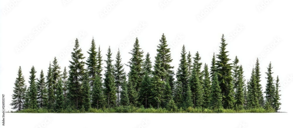 Poster Dense green coniferous trees cluster against a pure white background, showcasing vivid summer foliage, perfect for print and web design applications.