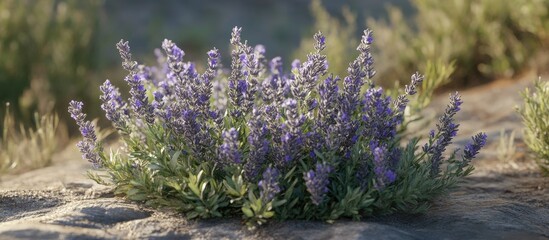 Lavender plant in full bloom with vibrant purple flowers surrounded by green foliage on a rocky surface under soft natural lighting