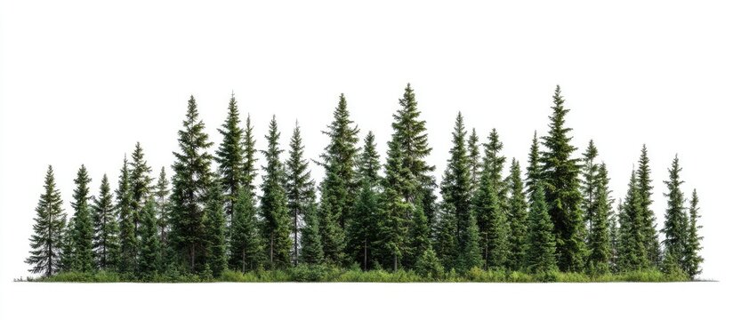 Dense green coniferous trees cluster against a pure white background, showcasing vivid summer foliage, perfect for print and web design applications.