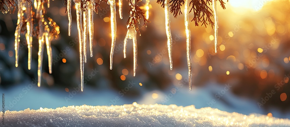 Aufkleber icicles glistening in warm sunlight with snow-covered ground illuminated softly against a blurred go