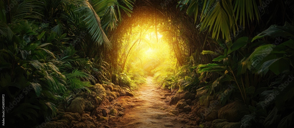 Poster lush jungle tunnel illuminated by golden sunlight with vibrant green foliage framing a winding path 