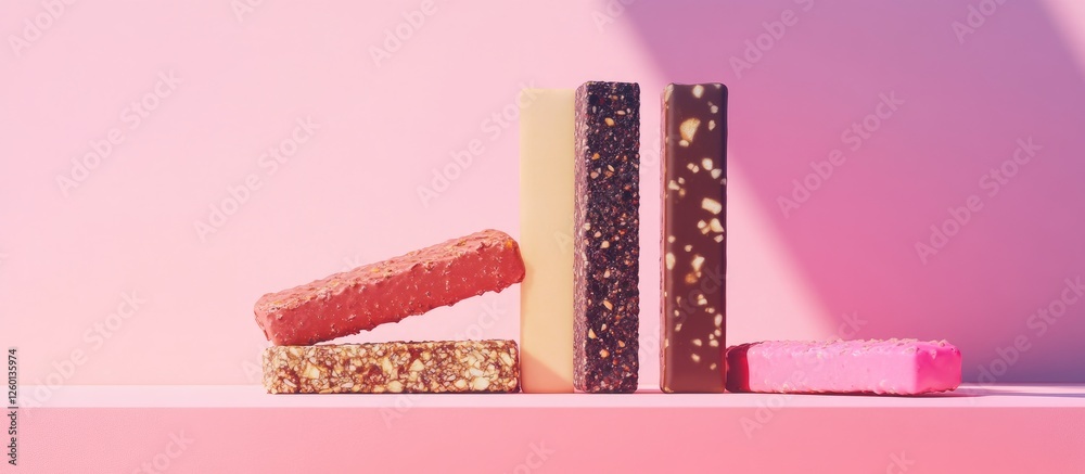 Poster colorful energy bars arranged on a soft pink background with varied textures showing chocolate and f
