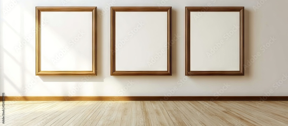 Poster interior scene featuring three empty wooden frame mockups in a well-lit room with light-colored wall