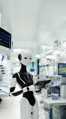 Fototapeta premium A humanoid robot holding a tablet in a blurred hospital background, AI Agents, Virtual Assistant, Conversational AI, Highlights AI powered healthcare