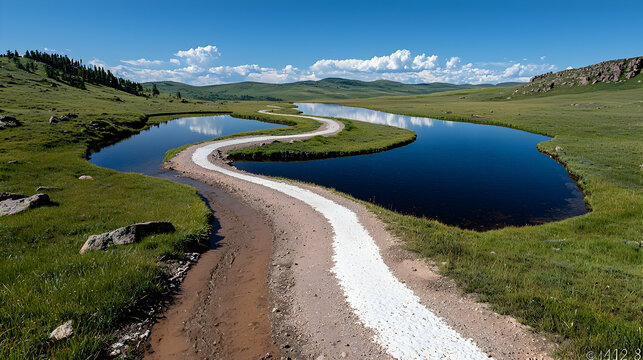 Winding road by serene lake, Mongolian steppe, sunny day, travel photography