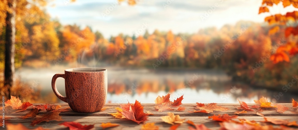 Aufkleber coffee mug on a wooden table in foreground surrounded by vibrant orange and yellow autumn leaves wit
