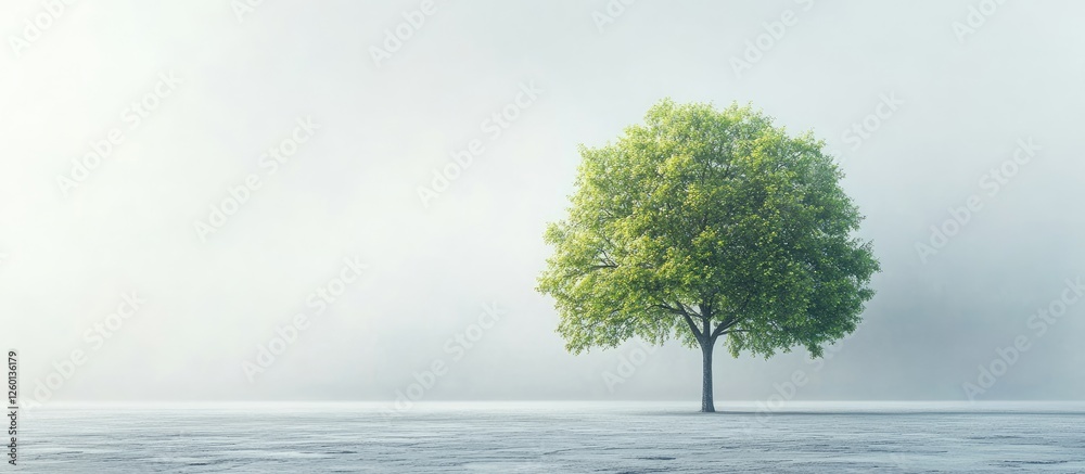 Leinwandbilder Isolated green deciduous tree positioned centrally against a soft white and light gray gradient background creating a tranquil atmosphere