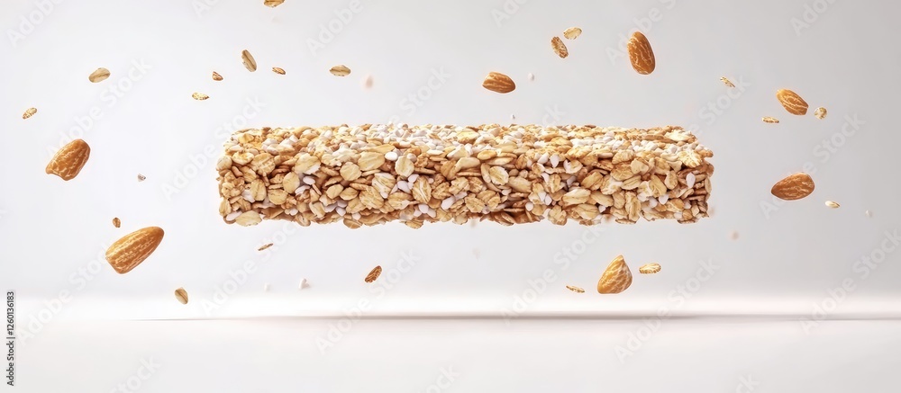 Poster granola bar with oats and nuts suspended in mid-air against a light grey background, surrounded by s
