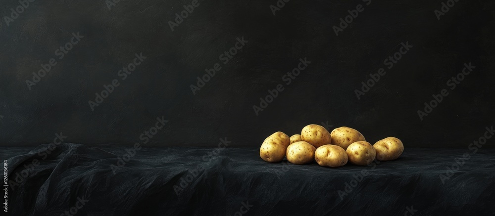 Aufkleber Fresh uncooked golden potatoes arranged on a dark textured surface with deep shadows emphasizing their natural color and rustic appeal.