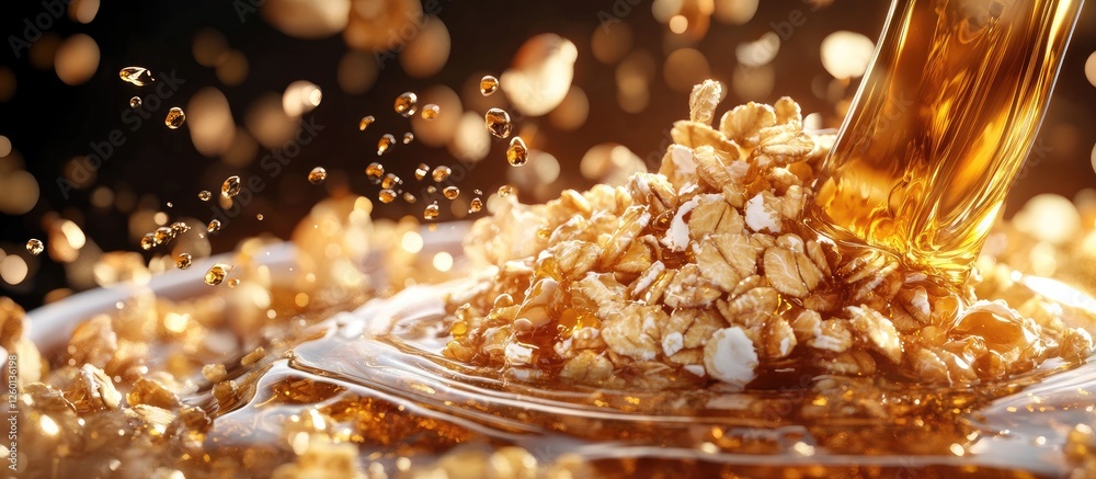 Poster golden honey syrup cascading over a blend of granola and oats, with sparkling droplets against a dar