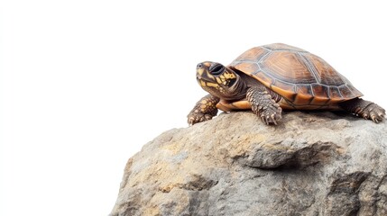 Obraz premium A small turtle in its shell resting on a rock with clear space for design or text beside it.