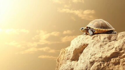 Obraz premium A small turtle in its shell resting on a rock with clear space for design or text beside it.