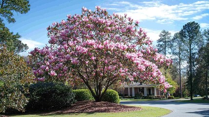 Obraz premium A magnificent magnolia tree in full bloom, covered in delicate pink flowers against a soft sky. A stunning springtime scene. Generative AI.