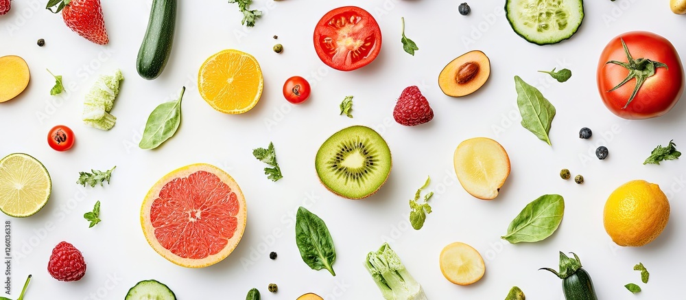 Poster vibrant arrangement of fresh raw fruits and vegetables on a white background with circular slices of