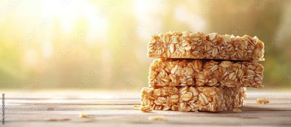 Poster vegan granola bars stacked on a wooden table with a soft golden sunlight background creating a warm 