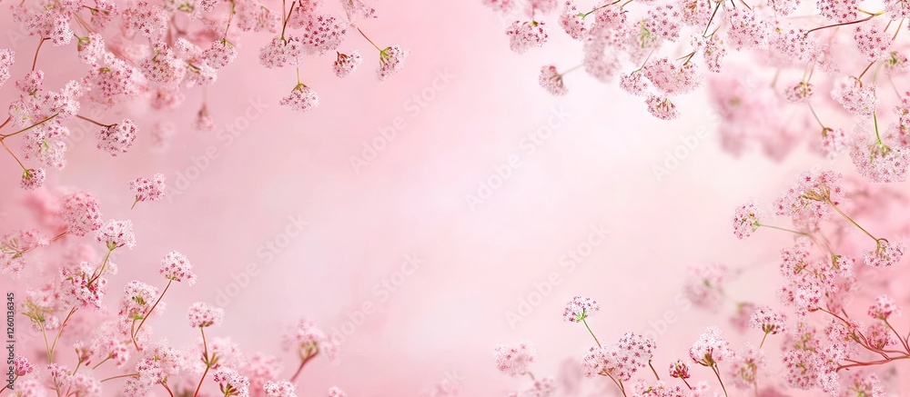 Aufkleber delicate frame of small pink gypsophila flowers on soft pastel pink background with gentle bokeh eff