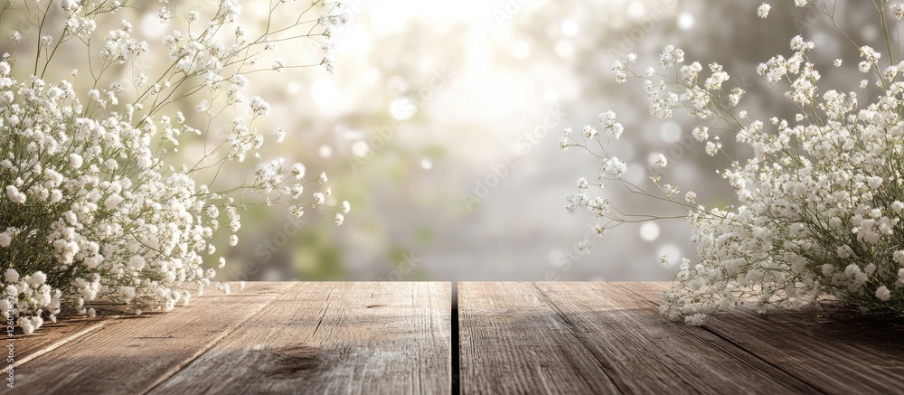 Poster Delicate gypsophila flowers in soft focus on either side of a wooden table, warm sunlight filtering through a dreamy background creating a serene ambiance.