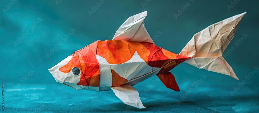 Poster colorful origami fish positioned from left to right in profile view against a teal background showca