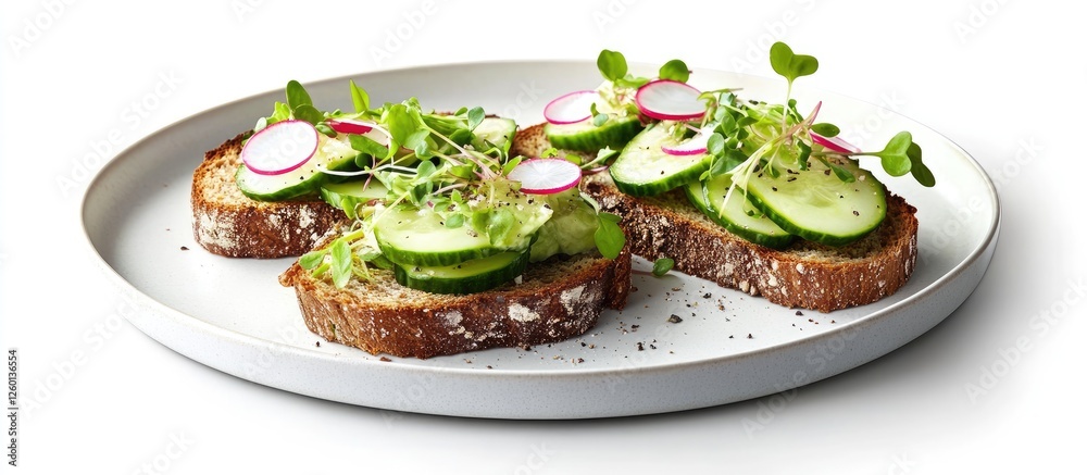 Poster healthy rye bread topped with sliced avocado, cucumber, radish, and sprouts arranged on a round whit