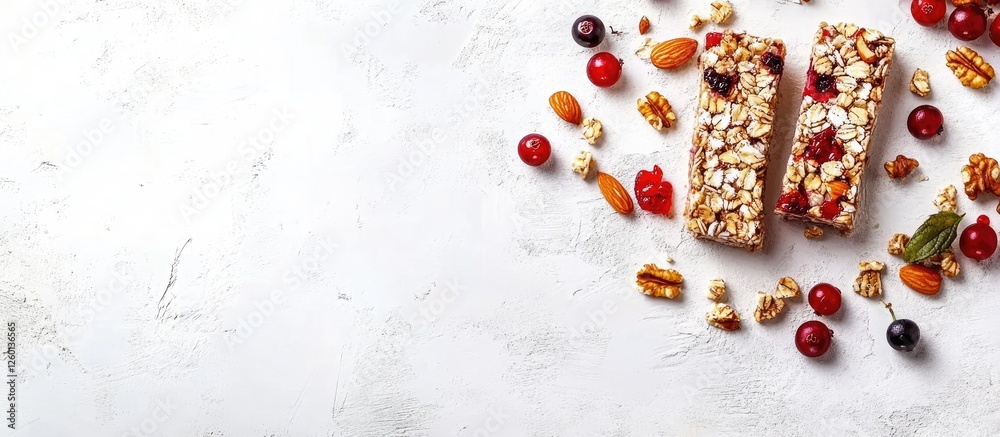 Poster Granola bars with nuts and berries arranged on a white stone table with scattered ingredients including almonds and red berries Top view layout