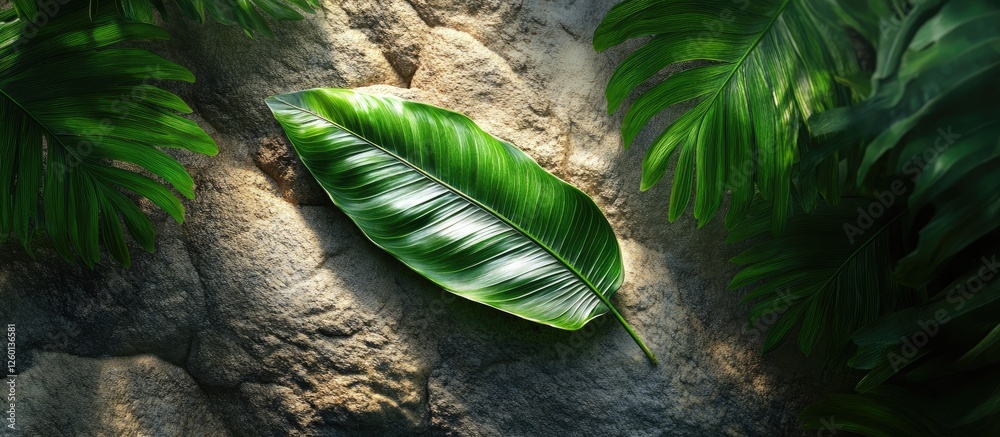 Poster vibrant green tropical leaf resting on a textured rock with lush foliage in the background creating 
