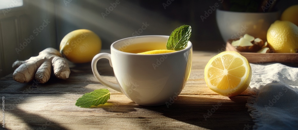 Poster lemon and ginger tea in a white cup with mint leaves on a rustic wooden table surrounded by fresh le