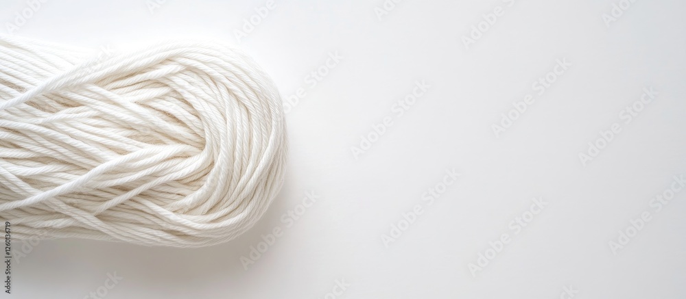 Poster White knitting thread arranged on the left side of a pure white backdrop emphasizing its soft texture and subtle shine against a minimalist background