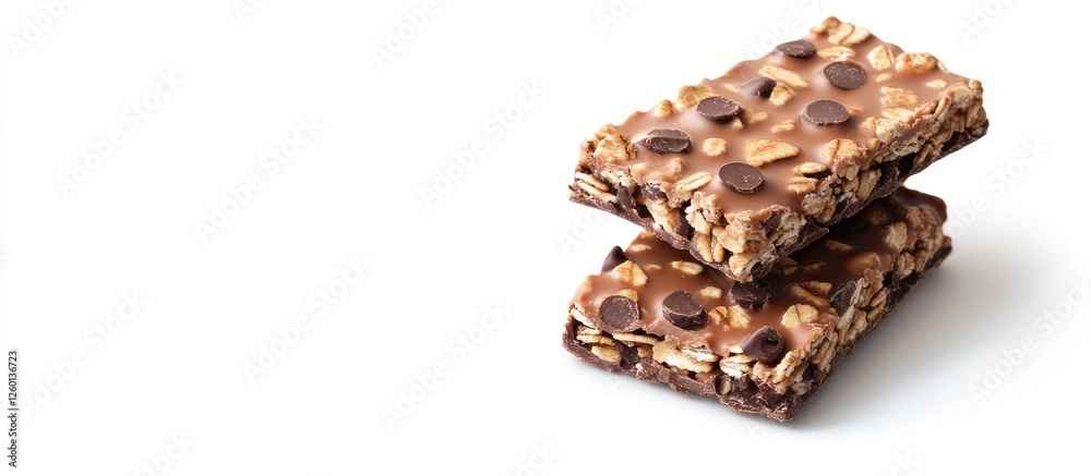 Poster chocolate granola bars stacked on a clean white background featuring a variety of oats and dark choc