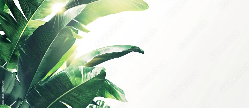 Aufkleber lush green banana leaves in the top left corner of a bright white backdrop, emphasizing nature and t