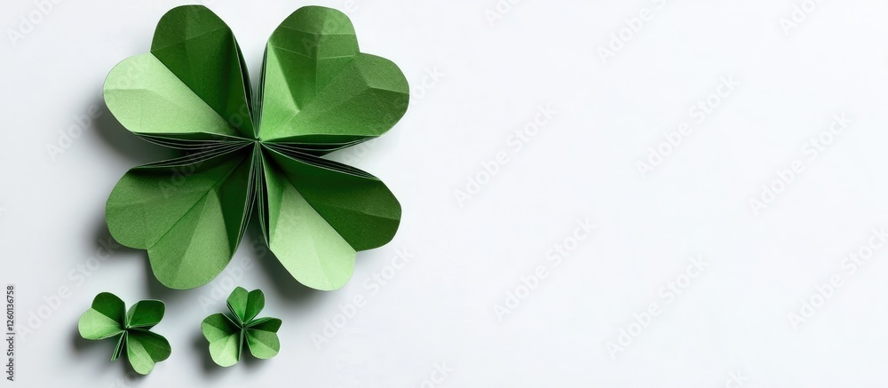 Poster green paper origami shamrock clover leaves in various sizes positioned left on a white background st