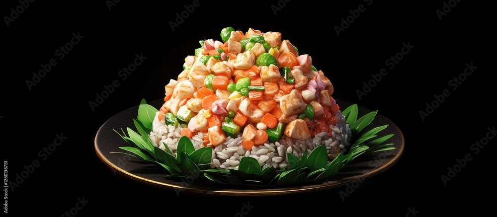 Poster vibrant colorful salad mound featuring diced vegetables and rice on a dark background with an elegan